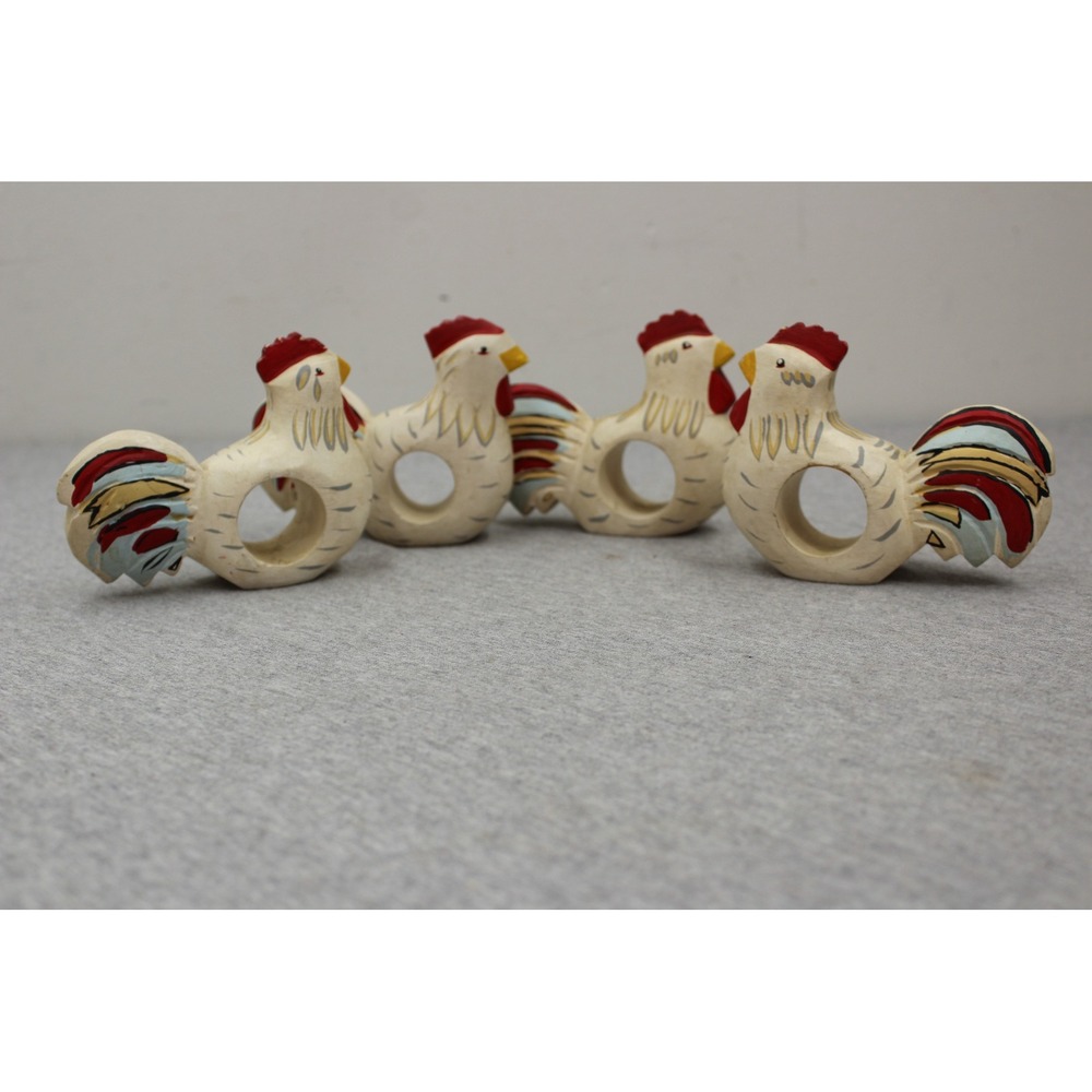 Napkin Rings Cream Rooster Farmhouse Wood Hand Painted Folk Art Decor Set of 4